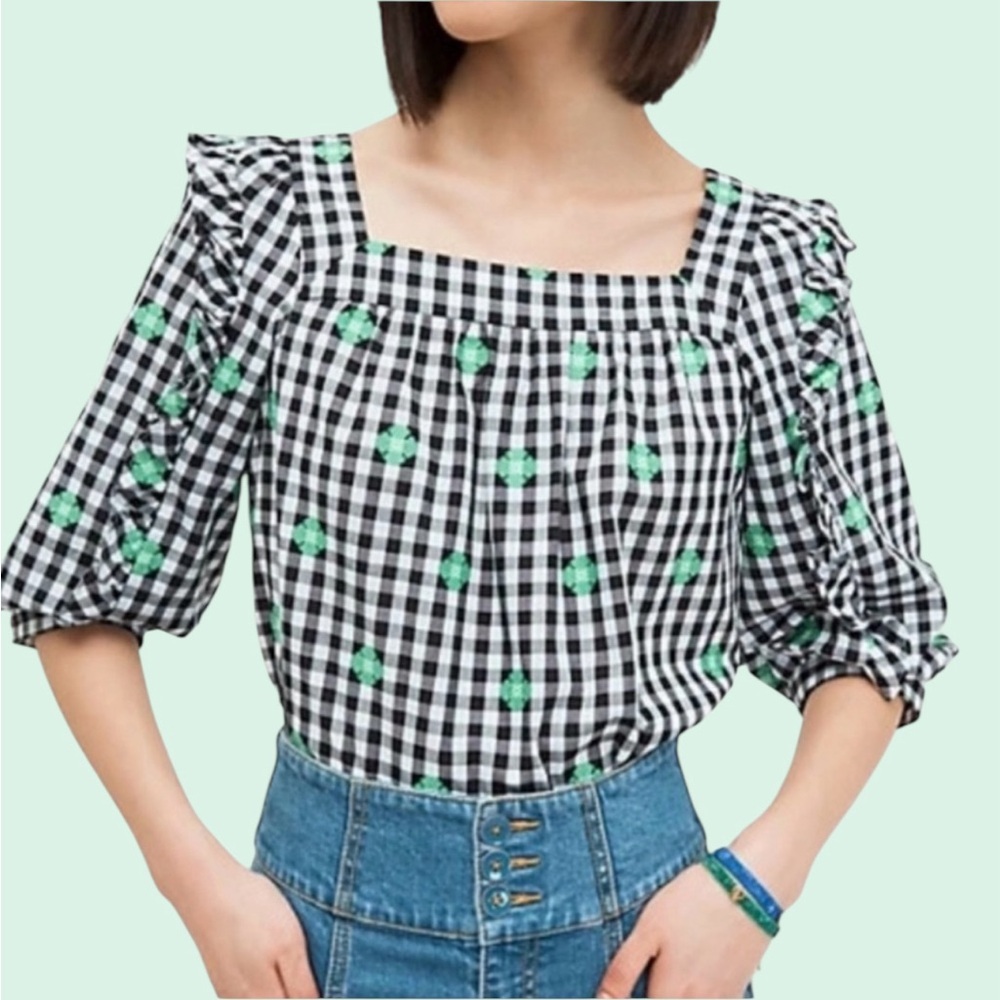 KATE SPADE Black Gingham Voile Top with Green Accents
